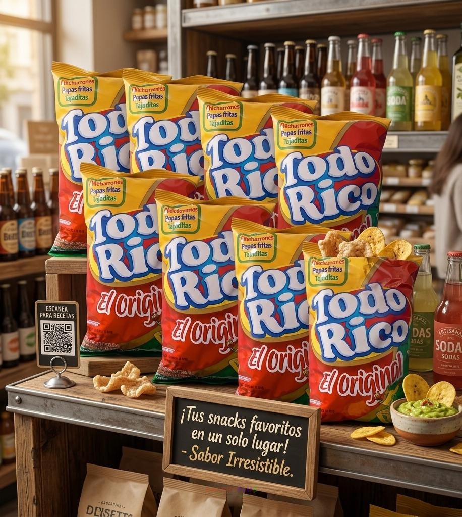Stack of Todo Rico potato chips bags on a store display shelf with a chalkboard sign nearby.