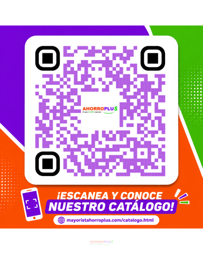 Purple QR code in a white rounded square on a bright gradient background scan to view our catalog Spanish CTA text visible   Mayorista AhorroPlus   Mayorista AhorroPlus