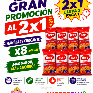 Promotional flyer for Bary snacks: 2x1 offer, 8 bags of crispy peanuts, bold Spanish text banner and logos (La Marranita, AhorroPlus).
