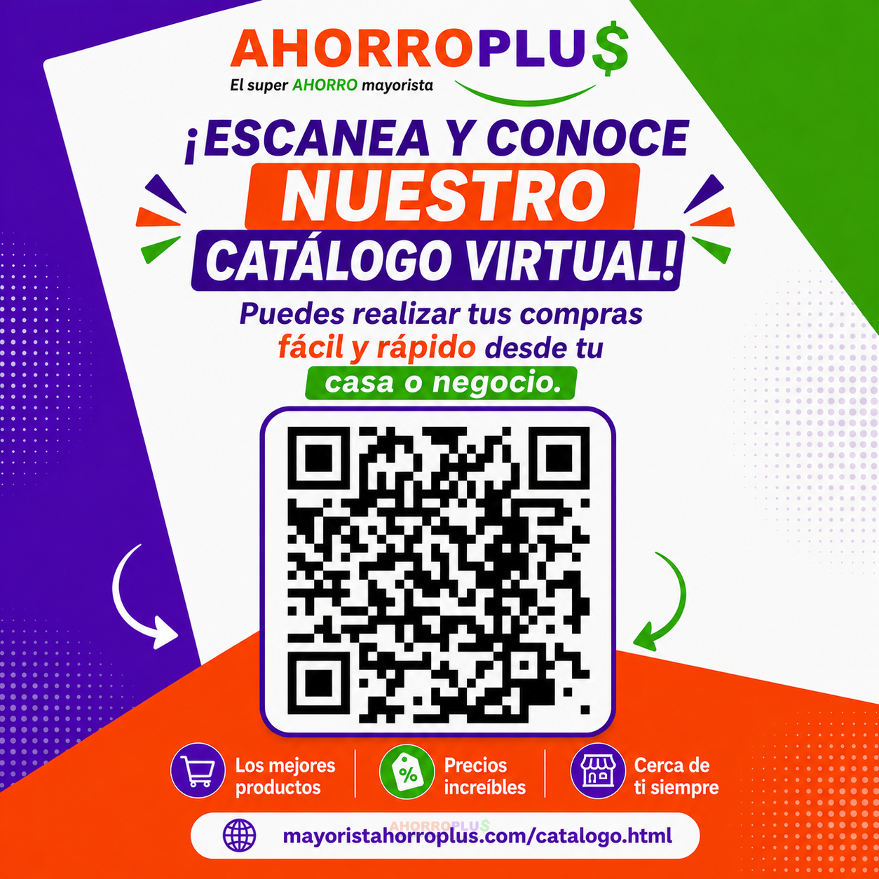 Colorful promotional poster for AhorroPlus with a QR code to access the virtual catalog   Mayorista AhorroPlus