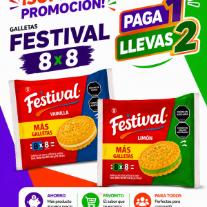 Promotional ad for Festival cookies: shows two 8x8 cookie packs (vanilla y lim&oacute;n) with bold text '&iexcl;S&uacute;per Promoci&oacute;n! Paga 1 Llevas 2'