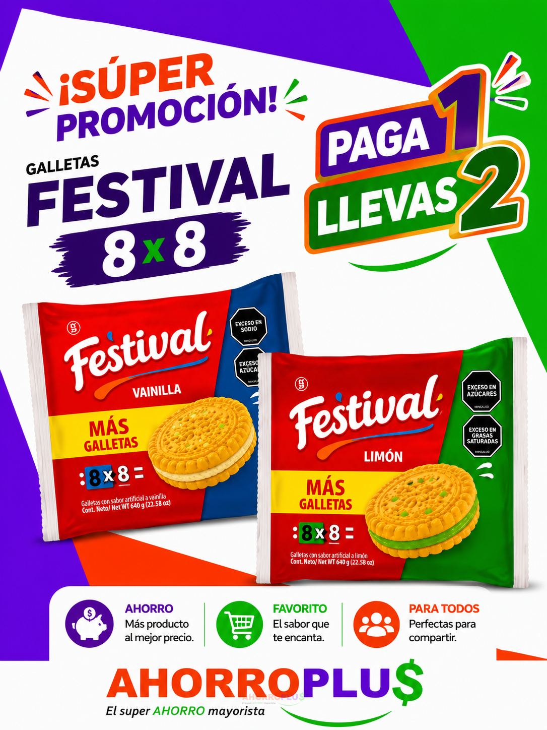 Promotional ad for Festival cookies: shows two 8x8 cookie packs (vanilla y lim&oacute;n) with bold text '&iexcl;S&uacute;per Promoci&oacute;n! Paga 1 Llevas 2'