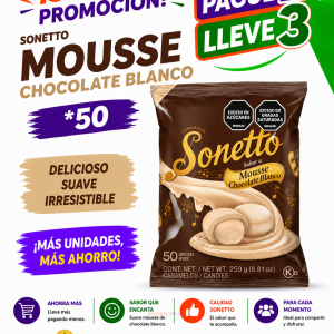 Cartel promocional de Sonetto Mousse Chocolate Blanco con la oferta Pague 2 Lleve 3 y 50 unidades resaltadas en morado.