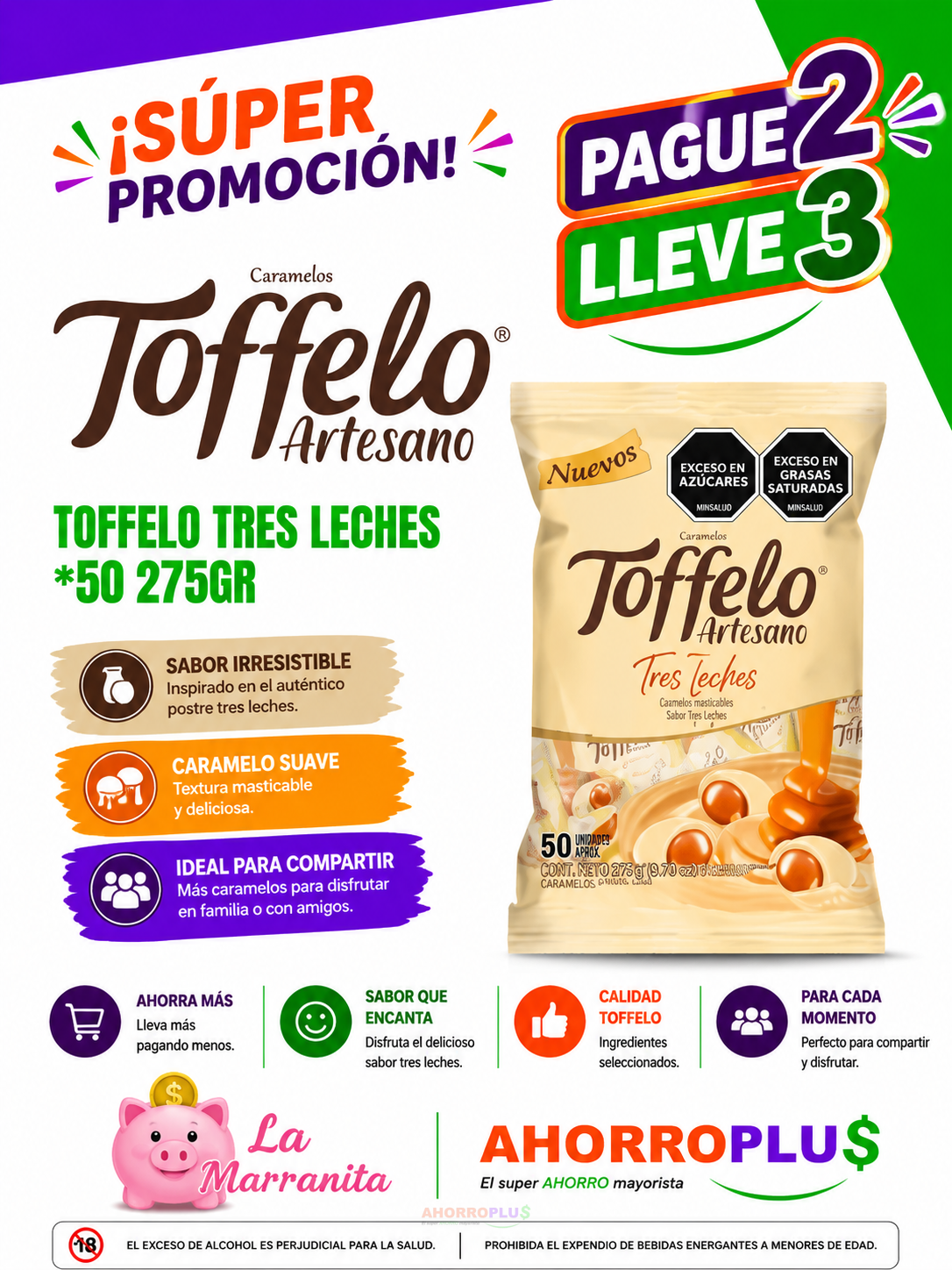 Toffelo Artesano Tres Leches candy bag with a bright promotional banner reading &iexcl;S&Uacute;PER PROMOCI&Oacute;N! and Pague 2 Lleve 3 on a colorful background.