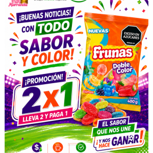 Colorful promo poster advertising 2x1 on Frunas candy, with 'El sabor que nos une' and confetti.