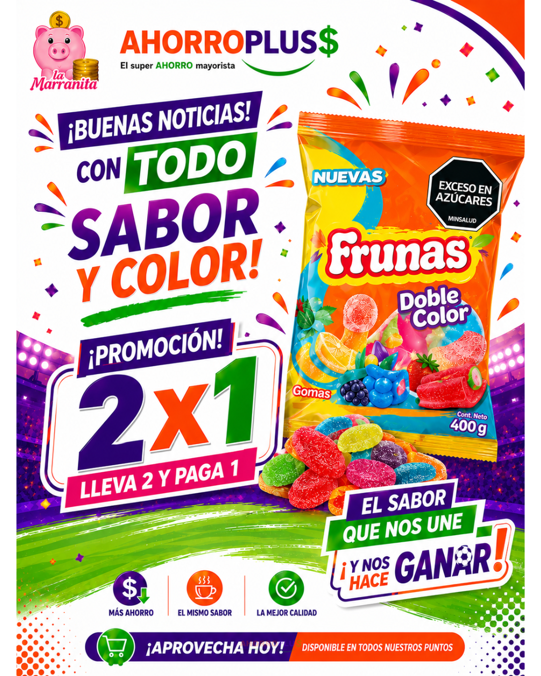 Colorful promo poster advertising 2x1 on Frunas candy, with 'El sabor que nos une' and confetti.