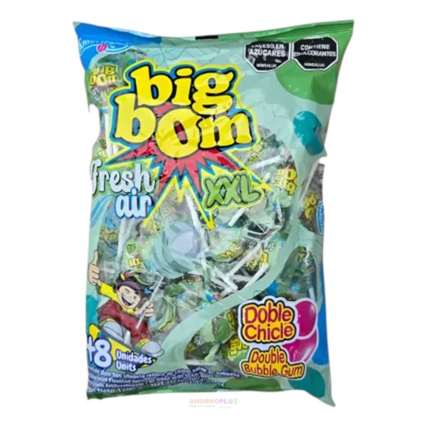 Colorful candy bag labeled 'big boom' with bold yellow letters, 'Fresh air' and cartoon graphics; bubble-gum flavor packaging.