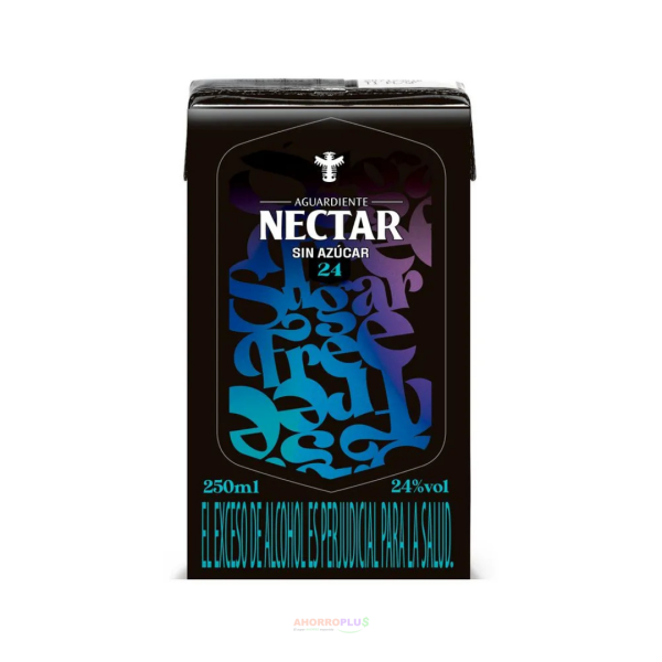 Carton of Aguardiente Nectar sin azúcar, 250 ml, with blue-purple abstract design and 24% vol text