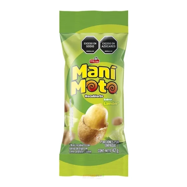 Green ManiMOTO lemon-flavored coated peanuts bag with lime design and bold yellow logo.