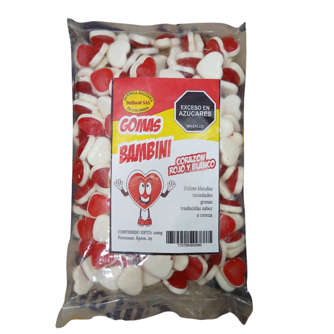 GOMAS BAMBINI CORAZON ROJO Y BLANCO 1KG CJ*12