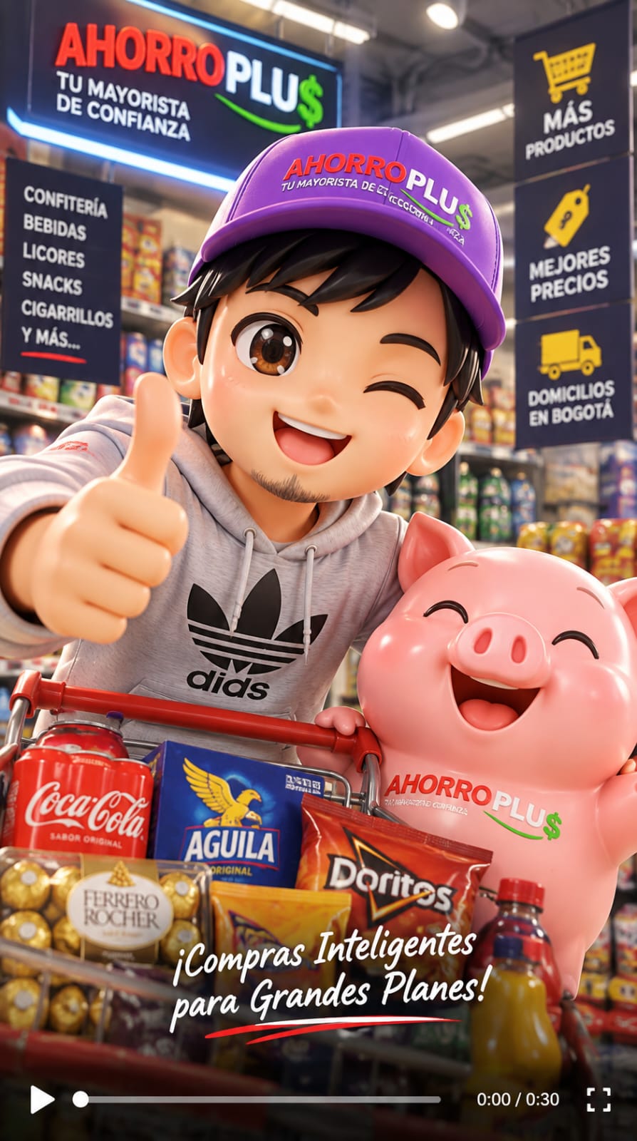 Cartoon shopper in a supermarket cart gives a thumbs up beside a pink piggy bank, promoting Ahorro Plus.
